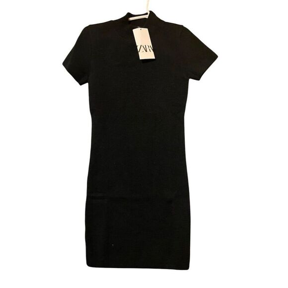 Zara Women's Black Ribbed Knit Dress Size M High Neck Stretchable - Picture 2 of 10